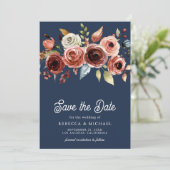 Terracotta Floral Photo Navy Blue Wedding Save The Date (Staand voorkant)
