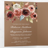 Terracotta Floral QR Code Beige Tan Wedding Drieluik Uitnodiging (Binnenzijde eerst)