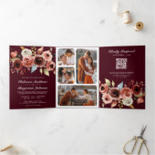 Terracotta Floral QR Code Burgundy Wedding Drieluik Uitnodiging (Binnen)