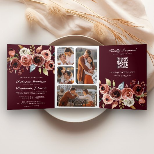 Terracotta Floral QR Code Burgundy Wedding Drieluik Uitnodiging