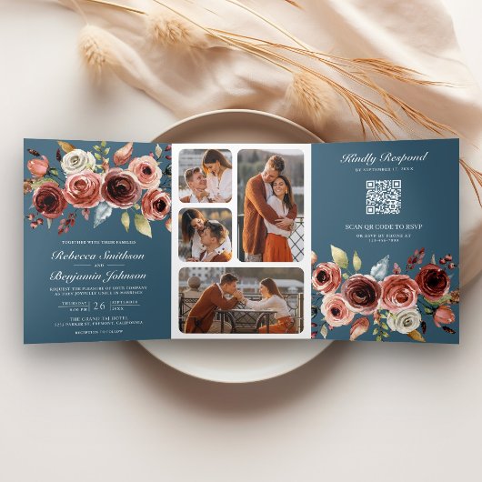Terracotta Floral QR Code Dusty Blue Wedding Drieluik Uitnodiging