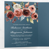 Terracotta Floral QR Code Dusty Blue Wedding Drieluik Uitnodiging (Binnenzijde eerst)