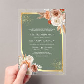 Terracotta Floral Sage Green Gold Wedding Acryl Uitnodigingen (Insitu (Draagbaar))