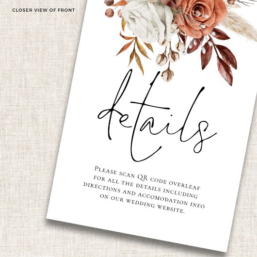Terracotta Floral Script QR Code Trouwdetails Informatiekaartje