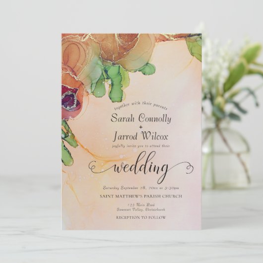 Terracotta Floral Wedding Invitation Kaart (Staand voorkant)