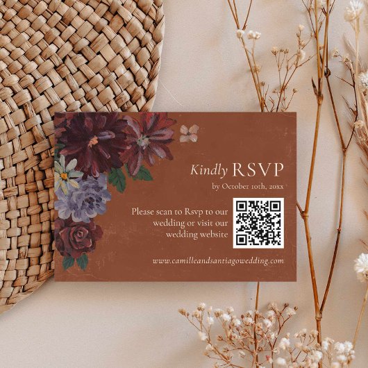 Terracotta Floral Wedding RSVP QR Code Kaartje