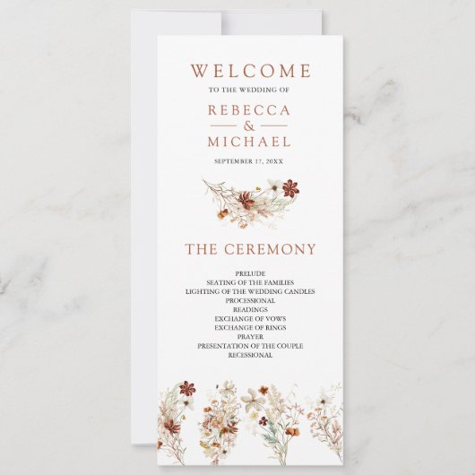 Terracotta Floral Wildflower White Wedding Program (Voorkant)