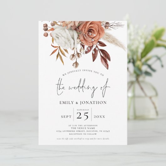 Terracotta Florals Foto Overlay QR Code Bruiloft Kaart (Staand voorkant)