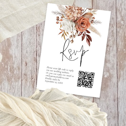 Terracotta Florals QR Code Bruiloft RSVP Kaart