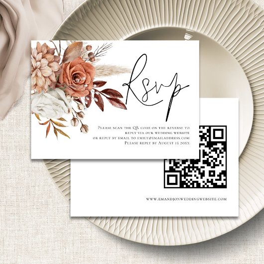 Terracotta Florals Script QR Code Mariage RSVP