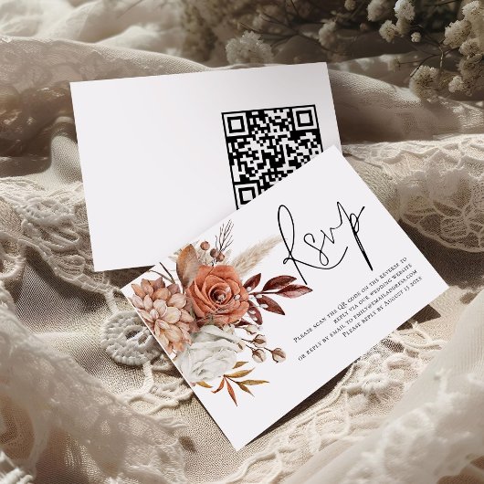 Terracotta Florals Script QR Code Weddenschap RSVP Kaartje