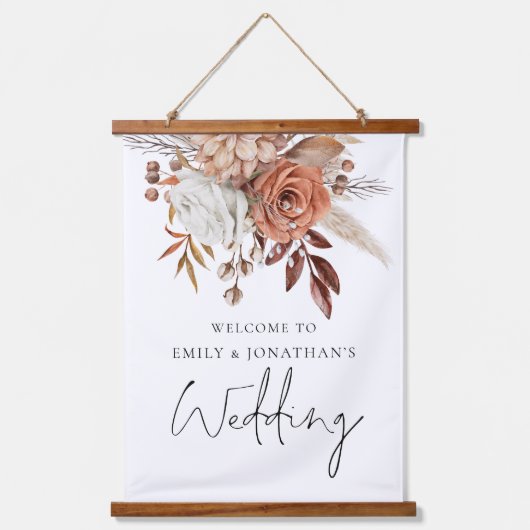 Terracotta Florals Welkom bij bruiloft Hangend Wandkleed (Voorkant)