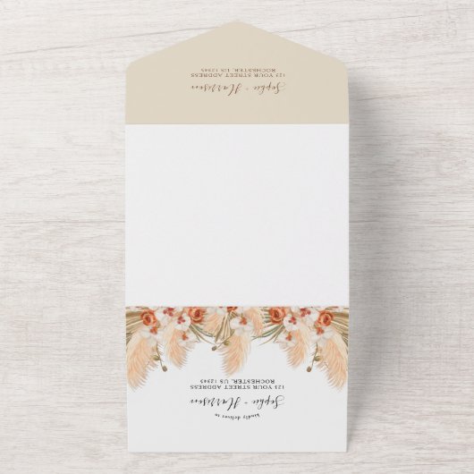 Terracotta Flowers Boho Pampas Grass Wedding All In One Uitnodiging (Buitenkant)
