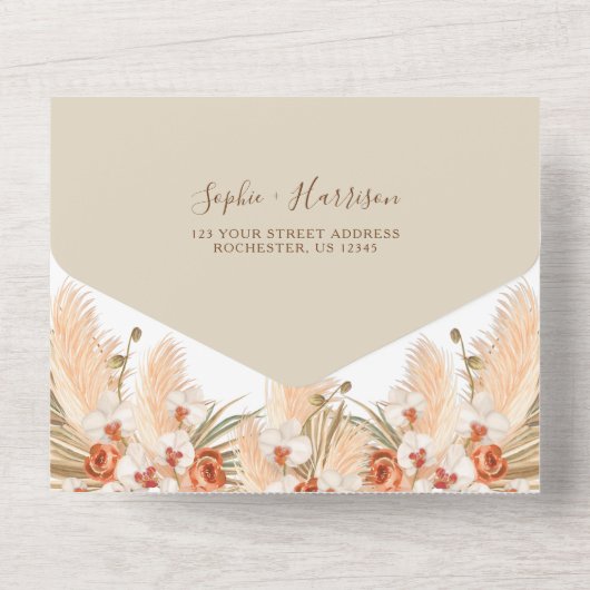 Terracotta Flowers Boho Pampas Grass Wedding All In One Uitnodiging (Achterkant)