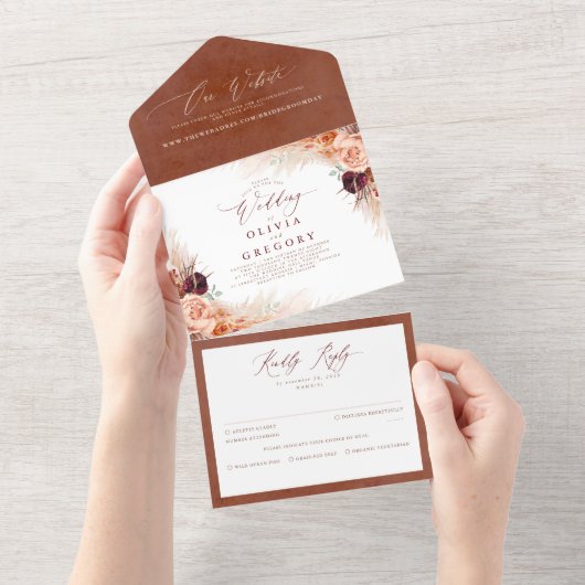 Terracotta Flowers en Pampas Grass Exotic Wedding All In One Uitnodiging (Afscheurbaar)