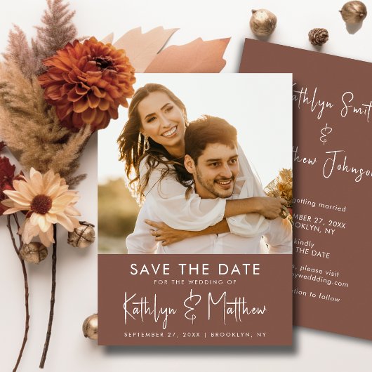 Terracotta Fun Script Modern Photo Simple Wedding Save The Date