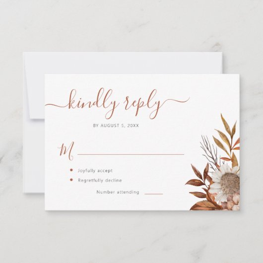 Terracotta gebladerte boho bloemenbruiloft RSVP kaartje (Voorkant)