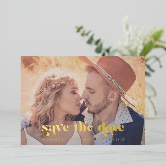Terracotta Gold Foil Modern Photo Save the Date Folie Uitnodiging (Staand Voorkant)