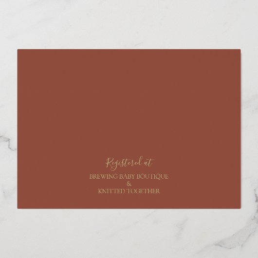 Terracotta & Gold Modern Peony Toile Baby shower Folie Uitnodiging (Achterkant)