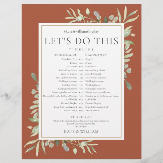 Terracotta groen bruiloft schema tijdlijn (Voorkant)