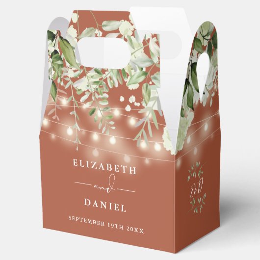 Terracotta groen String Lights Monogram bruiloft Bedankdoosjes (Geopend)