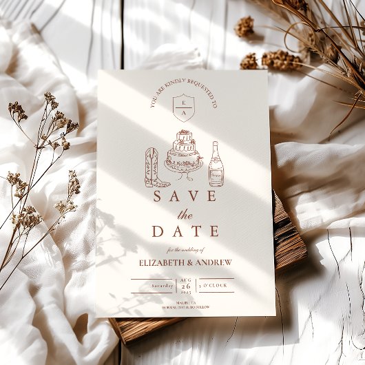 Terracotta Hand getekend Funky Western Doodle Wedd Save The Date