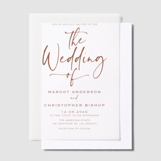Terracotta Hand Lettered Calligraphy Wedding Vellum Uitnodigingen (Offset)