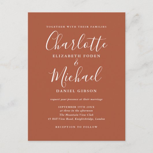Terracotta Handtekening Script Bruiloft Uitnodiging Briefkaart (Voorkant)