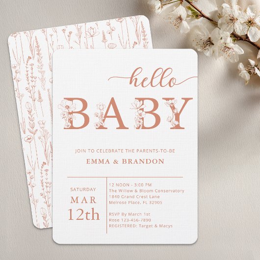 Terracotta Hello Baby Wildflower Invitation Kaart