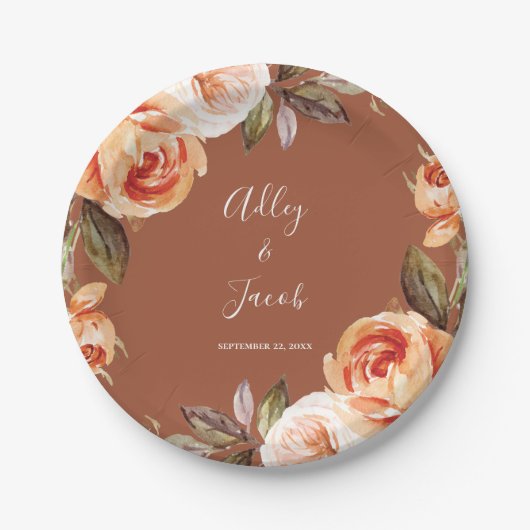 Terracotta Herfst Boho Floral Wedding Papieren Bordje (Voorkant)