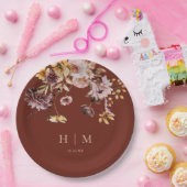 Terracotta Herfst Floral Monogram Bruiloft Papieren Bordje (Feest)