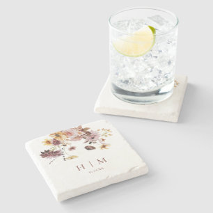 Terracotta Herfst Floral Monogram Bruiloft Stenen Onderzetter