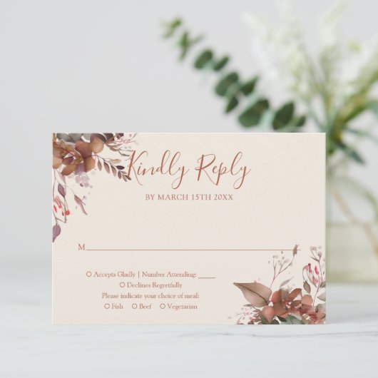 Terracotta herfst Herfst rustieke bloemenbruiloft RSVP Kaartje (Staand voorkant)