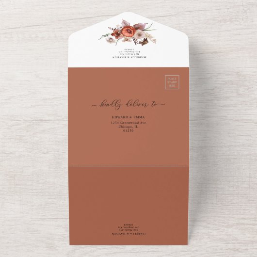 Terracotta Herfst Pompoenen Boho Bruiloft Details All In One Uitnodiging (Buitenkant)