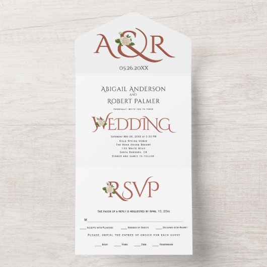 Terracotta initialen en ampersand, roos bruiloft all in one uitnodiging (Binnen)