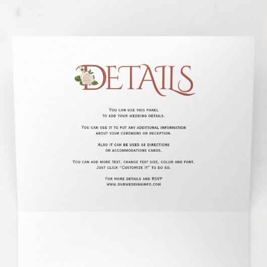 Terracotta initialen en ampersand, roos bruiloft drieluik uitnodiging (Binnenzijde eerst)