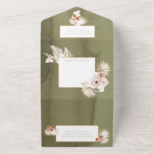 Terracotta & Khaki palmbladeren bruiloft All In One Uitnodiging (Buitenkant)