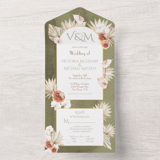 Terracotta & Khaki palmbladeren bruiloft All In One Uitnodiging (Binnen)