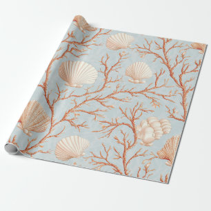 Terracotta Koraal Zee Schelp Poeder Blauw Oceaan Cadeaupapier
