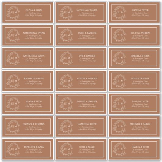 Terracotta Leafy Crest Monogram Guest Adres Sticker (Voorkant)