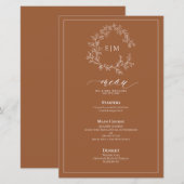 Terracotta Leafy Crest Monogram Weddenschap Menu (Voorkant / Achterkant)