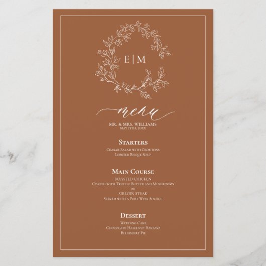 Terracotta Leafy Crest Monogram Weddenschap Menu (Voorkant)