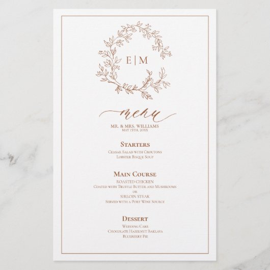 Terracotta Leafy Crest Monogram Weddenschap Menu (Voorkant)