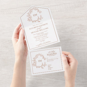 Terracotta Leafy Crest Monogram Wedding All In One Uitnodiging
