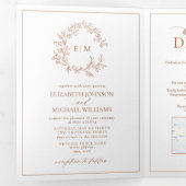 Terracotta Leafy Crest Monogram Wedding Drieluik Uitnodiging (Binnenzijde eerst)