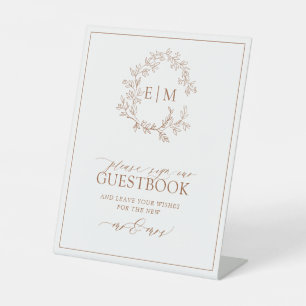 Terracotta Leafy Crest Monogram Wedding Guestbook Reclamebord Met Voetstuk