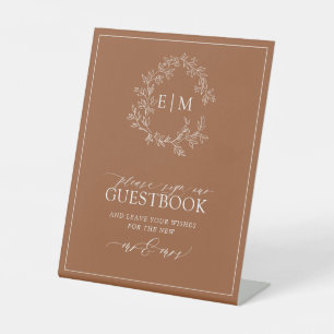 Terracotta Leafy Crest Monogram Wedding Guestbook Reclamebord Met Voetstuk
