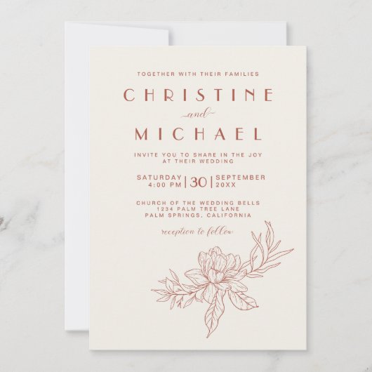 Terracotta Magnolia Elegante All-in-One bruiloft Kaart (Voorkant)