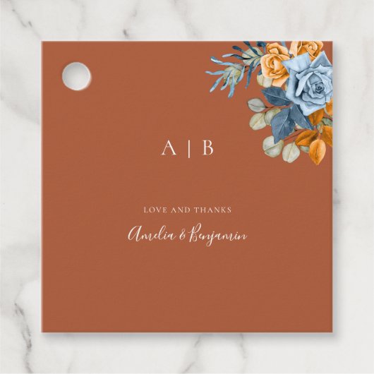 Terracotta Marine Blauw Rust Rustiek Dank u Bruilo Bedankjes Labels (Voorkant)