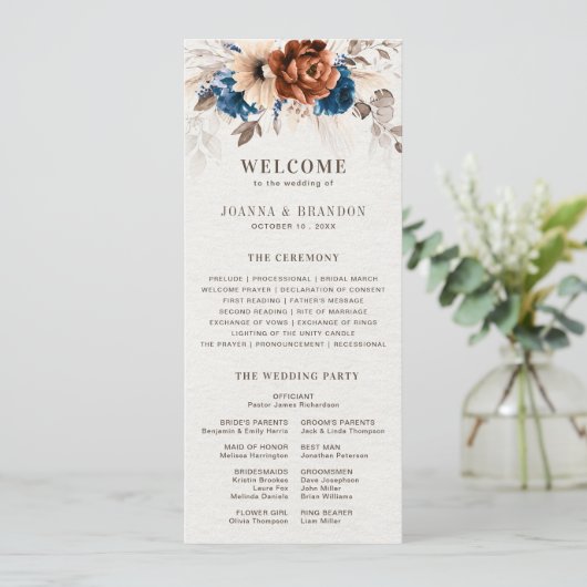 Terracotta Marine Blauw Trouwmenu met Programma (Staand voorkant)
